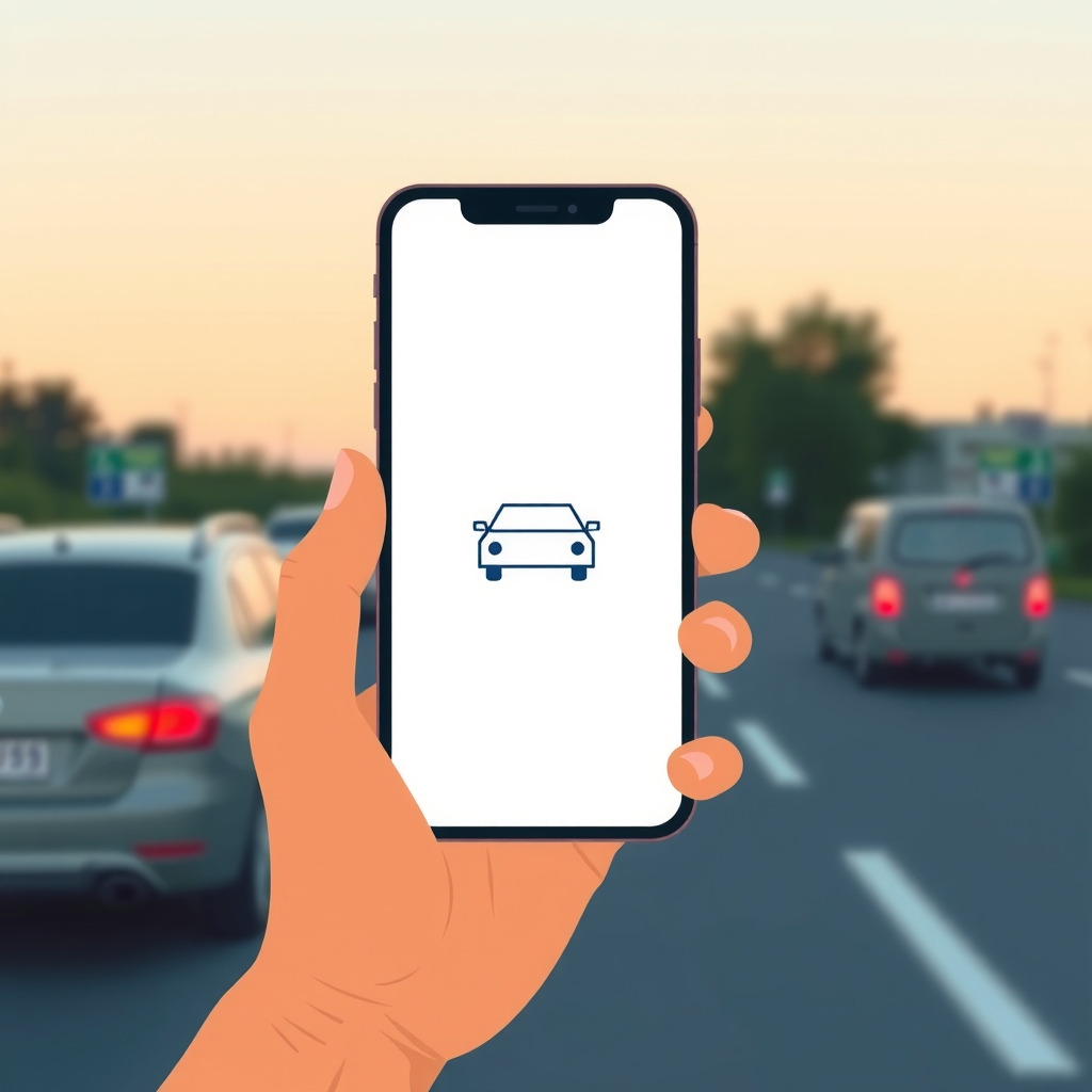 Illustration of a hand holding a phone with a simple car-booking icon on the screen, cars blurred on the road behind.