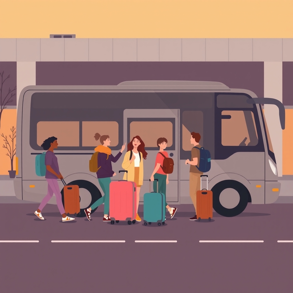Illustration of a group of friends with suitcases boarding a minibus together.
