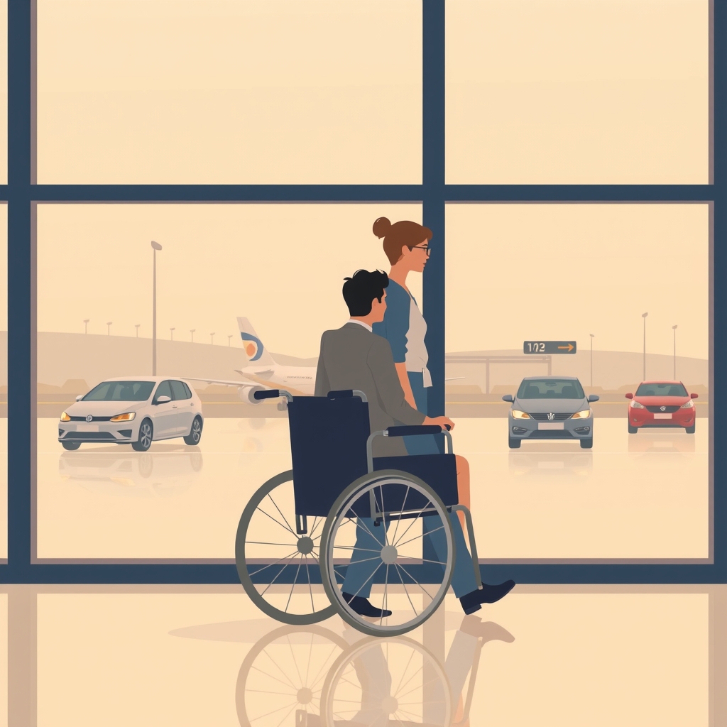 Illustration of an airport staff member walking beside a passenger in a wheelchair through a calm, bright terminal.
