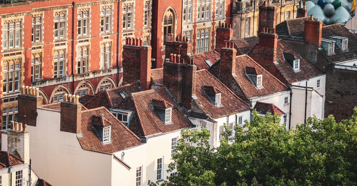 Aerial view of charming rooftops and historic architecture in Bristol, UK.