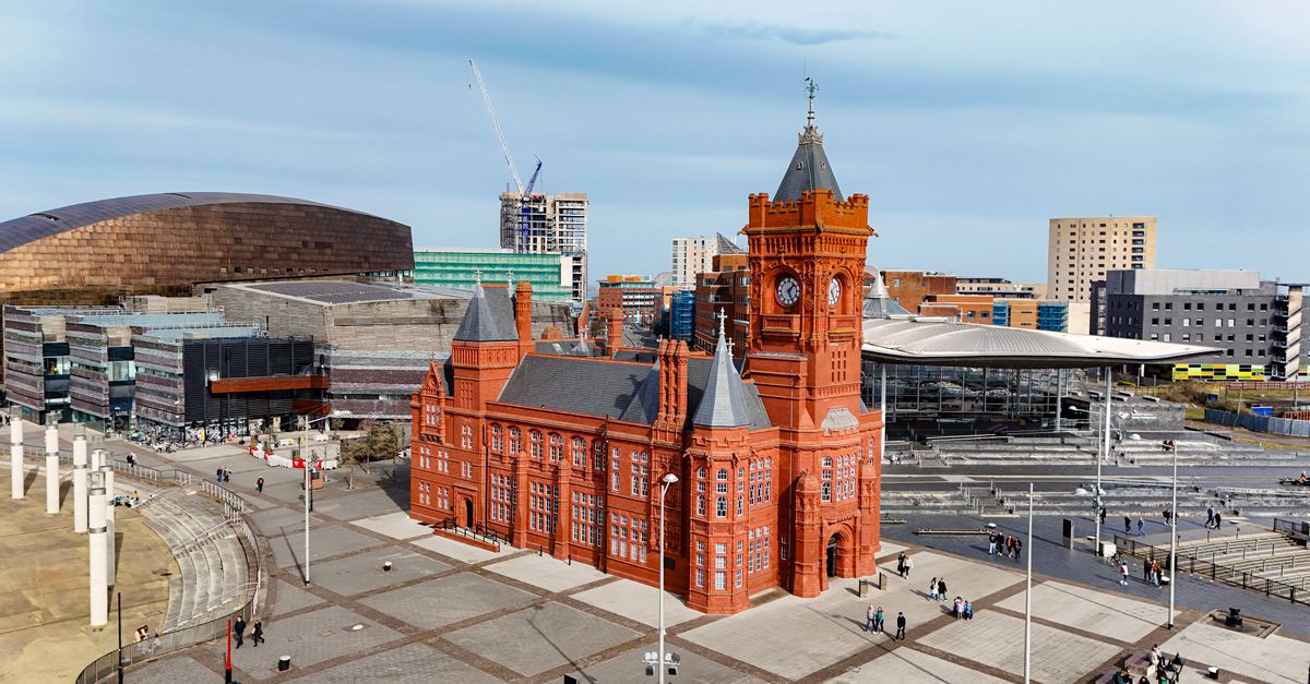 Aerial view of Cardiff's iconic red-brick Pierhead Building in Cardiff Bay