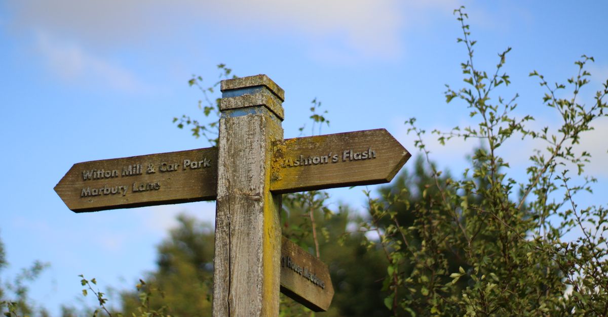 A rustic wooden signpost in the English countryside under a clear blue sky.