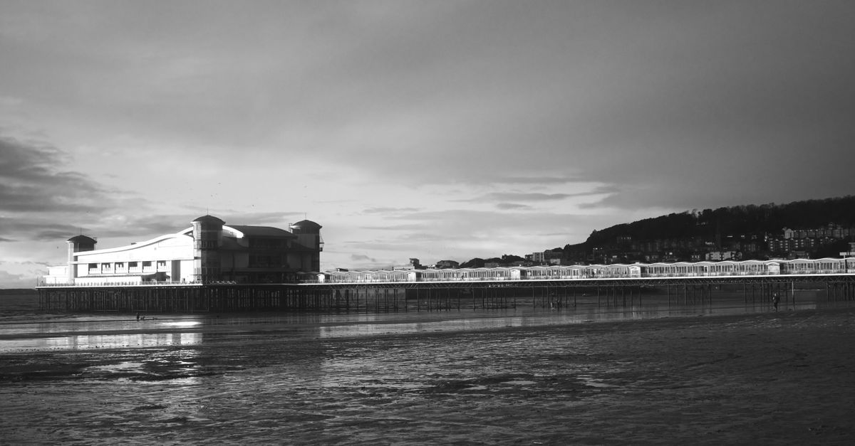 A seaside pier building at low tide in black and white