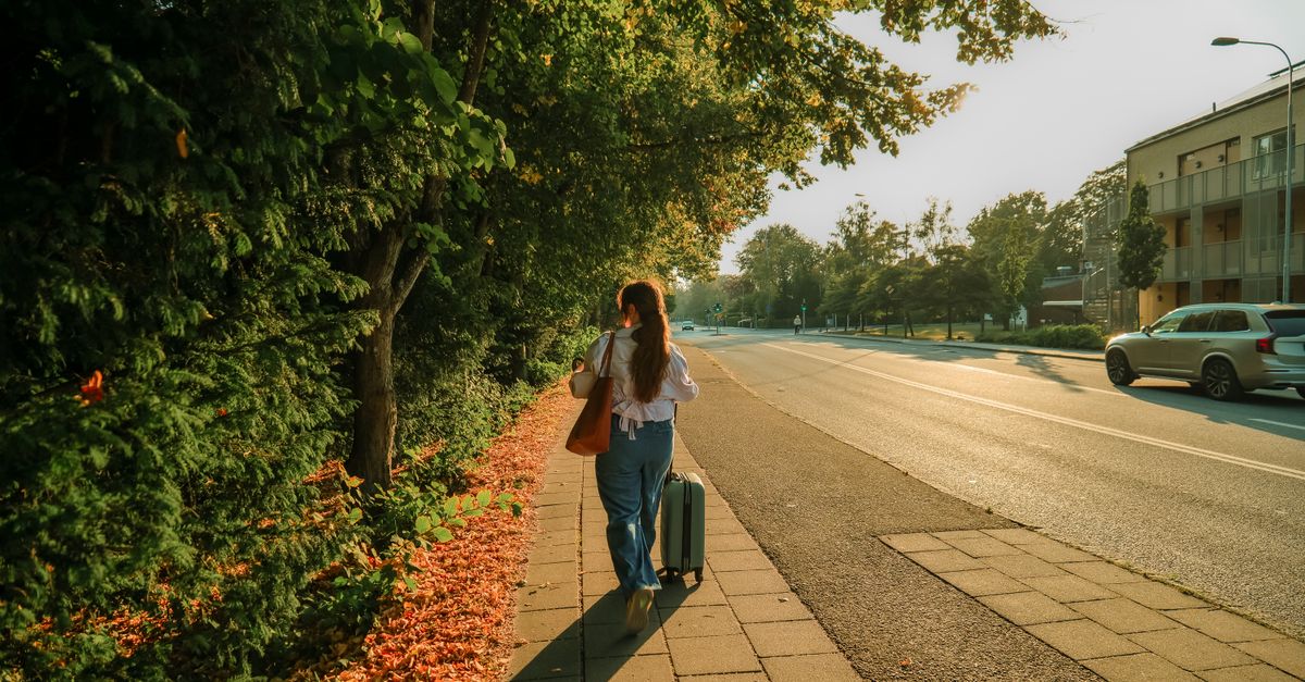 Traveller wheeling a suitcase along a quiet, leafy street